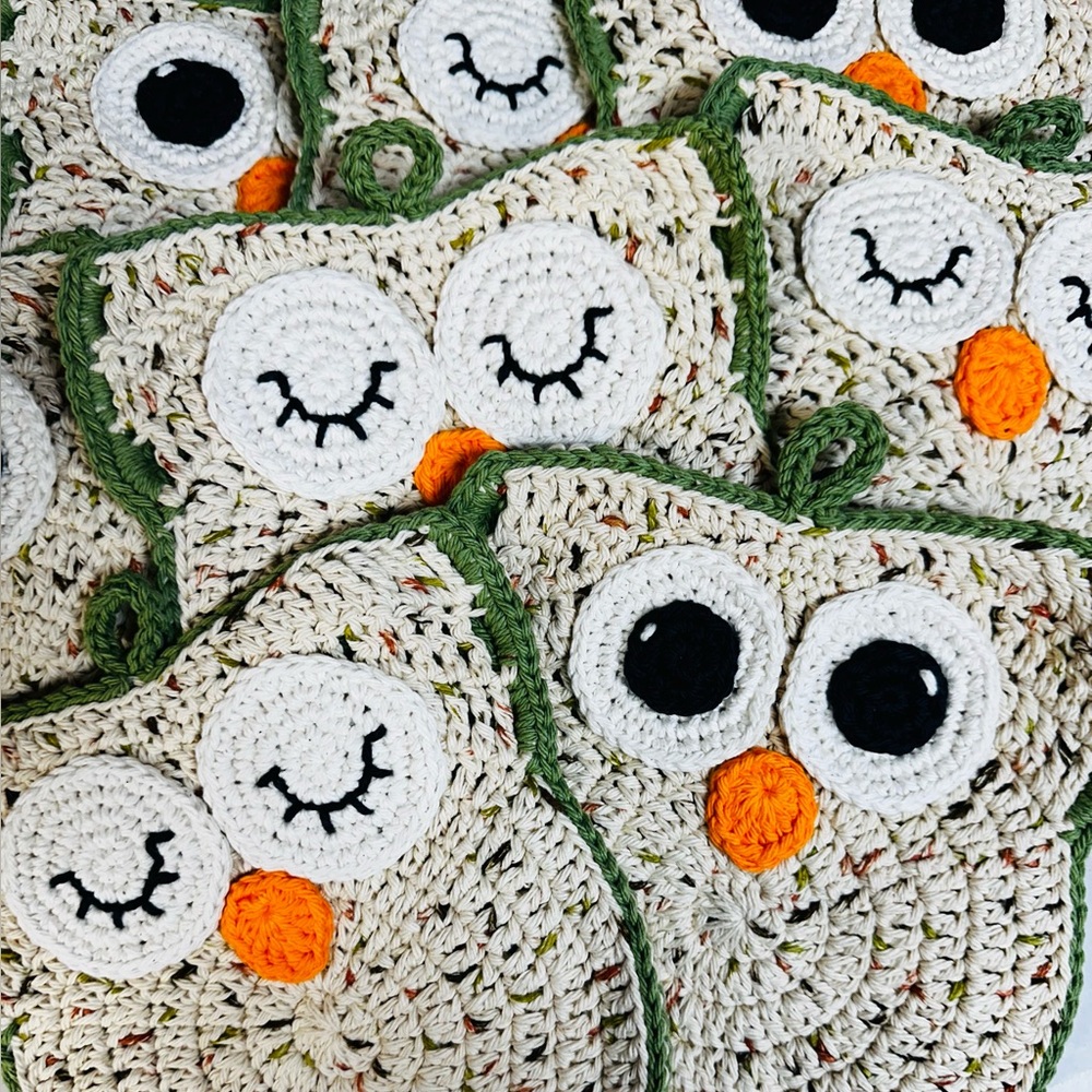Sage and Natural Tan Crocheted Owl Potholders, Kitchen Decor